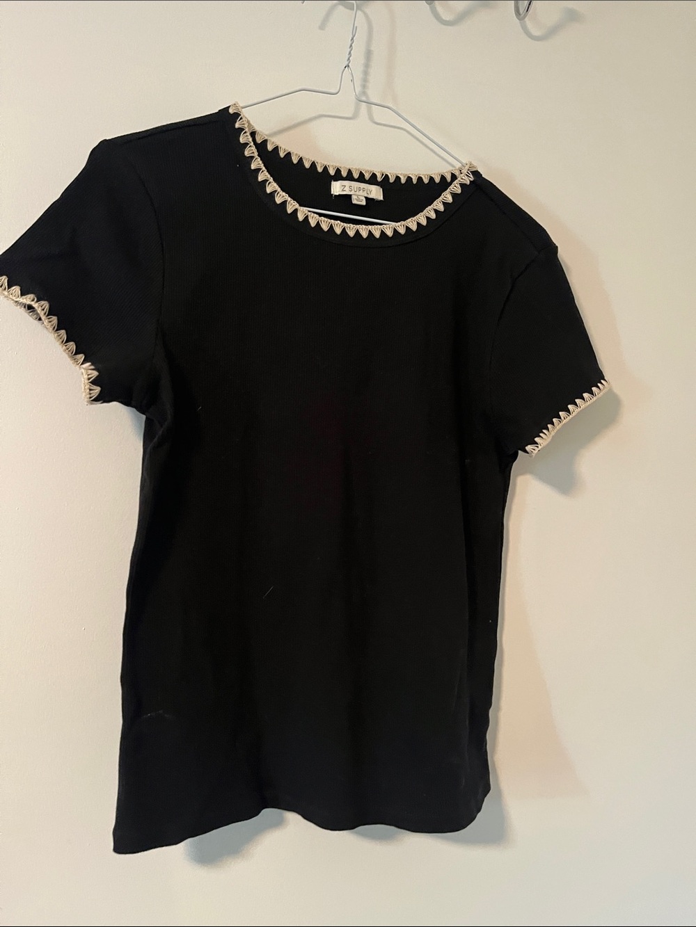 Z Supply Black Ribbed Tee with Cream Scalloped Trim